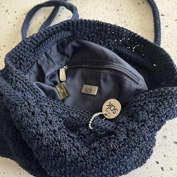 The Sak Crochet Navy Blue Backpack Drawstring Shoulder Bag Handmade EUC main image 5